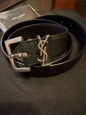 Saint Laurent Black Leather Belt with Silver YSL Logo Buckle